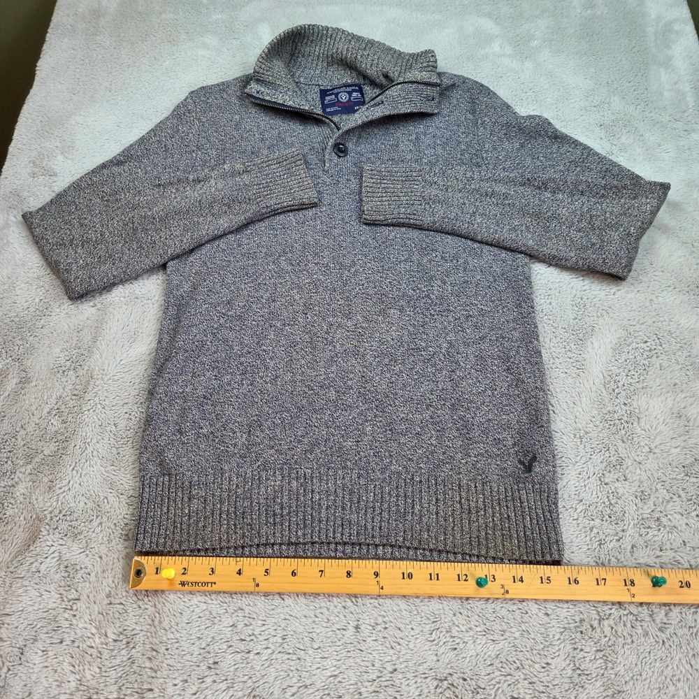 American Eagle Quarter Zip Sweater Mens XS Athletic Fit Marled Knit Blue Grey